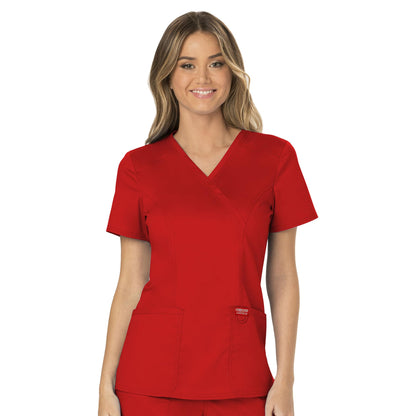 Cherokee Scrubs for Women Mock Wrap Top with 3 Pocket, Back Princess Seams WW610, XXS, White (Copy)