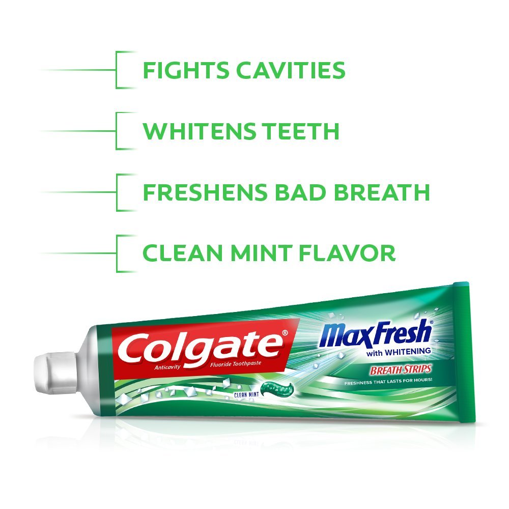 Colgate Max Fresh Whitening Toothpaste with Mini Breath Strips, Clean Mint, 36 Ounce (Pack of 6)