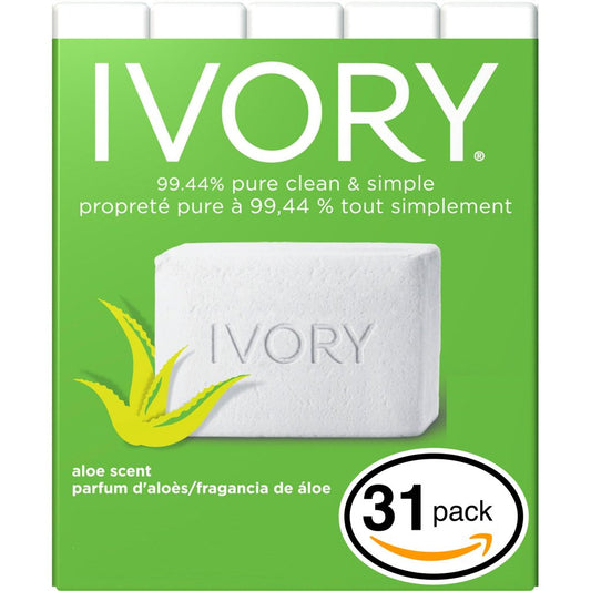 (PACK OF 31 BARS) Ivory ALOE SCENT Bar Soap for Men & Women. 99.44% PURE! Free of Dyes & Heavy Perfumes! Healthy Skin for Hands, Face & Body! (31 Bars, 3.10oz Each Bar)