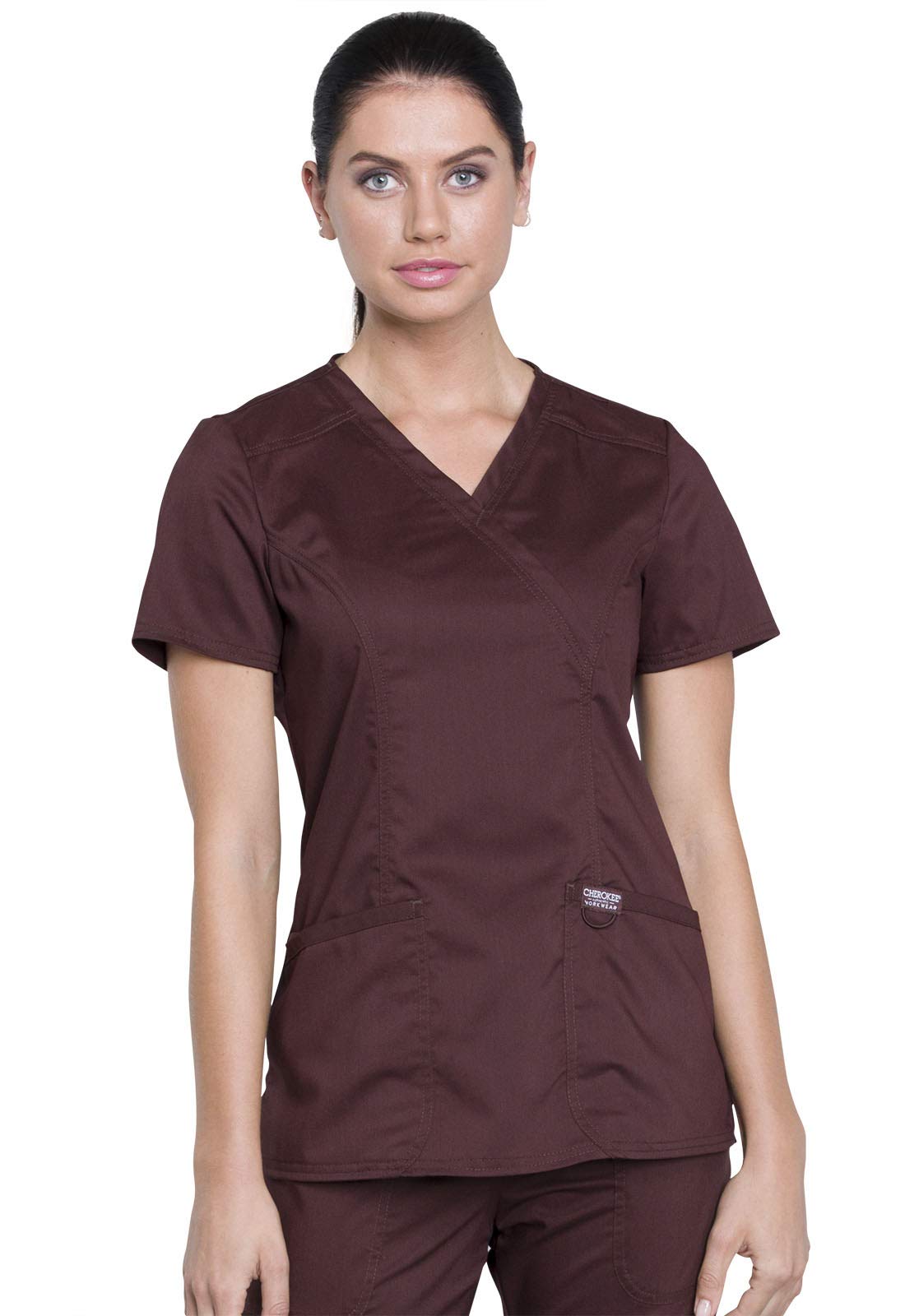 Cherokee Workwear Revolution Women's WW610 Mock Wrap Top-Espresso -Small