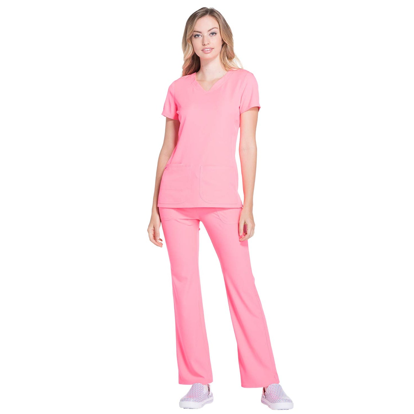 HeartSoul Break On Through Women's Pitter-Pat V-Neck Solid Scrub Top Large Flamingo