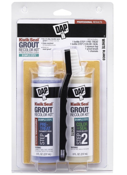 Dap Kwik Seal WHITE Grout: Brand new grout in 3 Quick & Easy Steps! Clean, Seal & Recolor! 3-in-1 kit Includes: (1) Tube Pre-Treat, 1 Tube Color & Seal, (1) Squeeze Top, (1) Brush, (1) Chamois