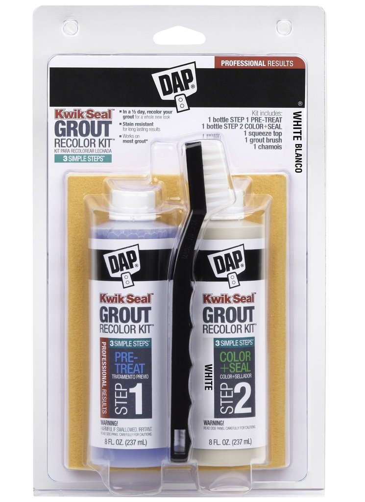 Dap Kwik Seal WHITE Grout: Brand new grout in 3 Quick & Easy Steps! Clean, Seal & Recolor! 3-in-1 kit Includes: (1) Tube Pre-Treat, 1 Tube Color & Seal, (1) Squeeze Top, (1) Brush, (1) Chamois