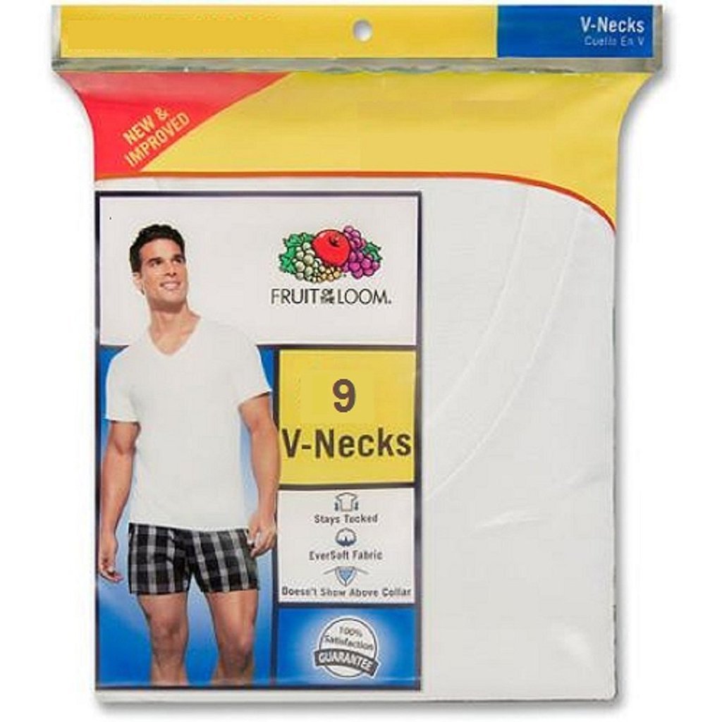 Fruit of the Loom Mens 9Pack White V-Neck Undershirts 100% Cotton T-Shirts, S
