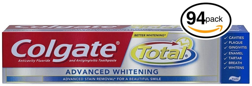 (PACK OF 94 TUBES) Colgate Total ADVANCED TOOTH WHITENING Toothpaste. Whitens & Removes Surface Stains! ANTI-CAVITY FLUORIDE, ANTI-GINGIVITIS & ANTI-PLAQUE! (Pack of 94 Tubes, 8.0oz each Tube)