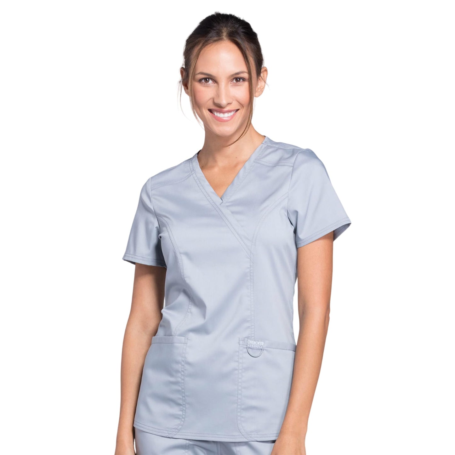 Cherokee Scrubs for Women Mock Wrap Top with 3 Pocket, Back Princess Seams WW610, XXS, White (Copy)