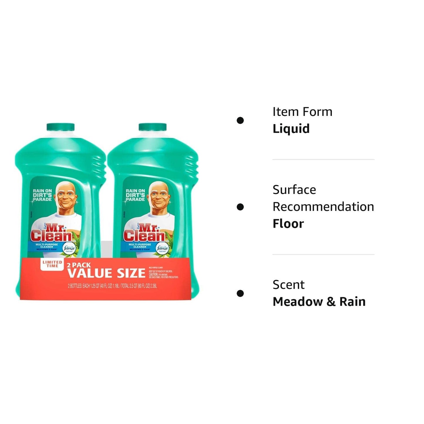Mr. Clean Meadows and Rain Febreze Freshness Multi-Surface Cleaner 45 Fl Oz (Pack of 2) 90 Fl Oz
