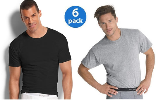 Hanes Men's 6Pack Crew Neck Tagless Black-Grey Undershirts Crewneck T-Shirt 4XL