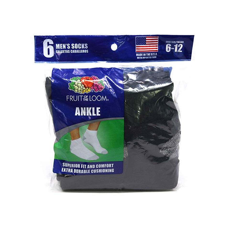 Fruit of the Loom Men's Ankle Socks (6-Pack) (Shoe Size: 6-12, Black)