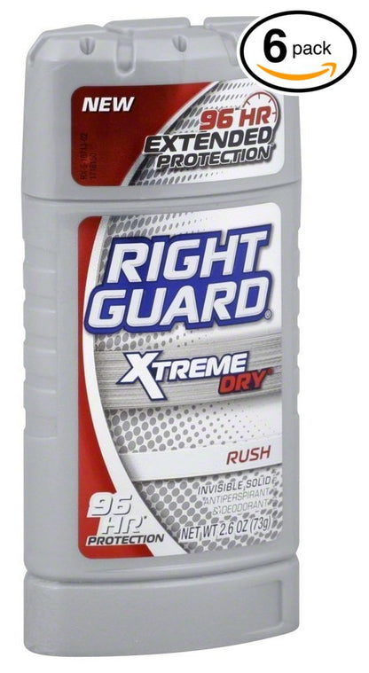 (Pack of 6 Bottles) Right Guard Xtreme Dry - Rush Men’s Stick Deodorant/Antiperspirant. 96 Hour Protection!! New & Improved! Totally Invisible Solid! (6 Bottles, 2.6oz Each)