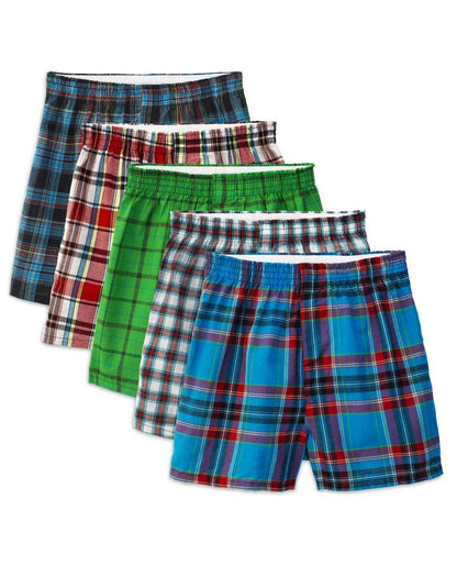 Fruit of the Loom Boys' Woven Boxer, Exposed and Covered Waistband (Pack of 5) (Tartan Plaids, Large)