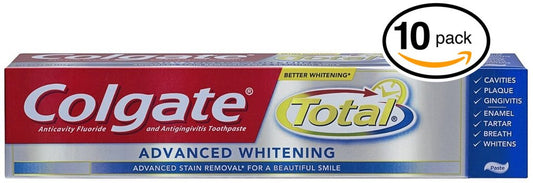 (PACK OF 10 TUBES) Colgate Total ADVANCED TOOTH WHITENING Toothpaste. Whitens & Removes Surface Stains! ANTI-CAVITY FLUORIDE, ANTI-GINGIVITIS & ANTI-PLAQUE! (Pack of 10 Tubes, 8.0oz each Tube)