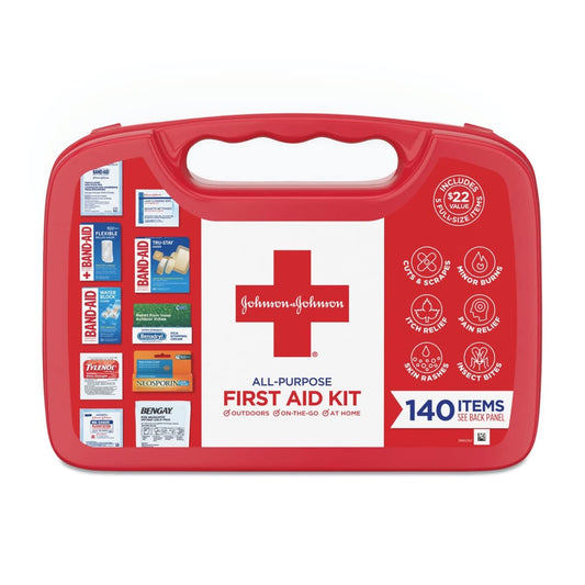 Johnson & Johnson All-Purpose Portable Compact First Aid Kit for Minor Cuts, Scrapes, Sprains & Burns, Ideal for Home, Car, Travel and Outdoor Emergencies, 140 Pieces