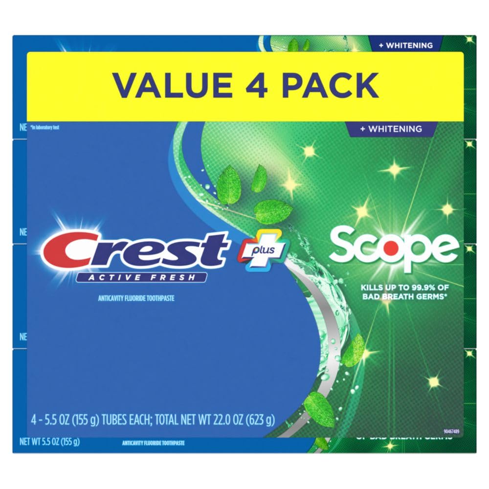 Crest Whitening Plus Scope, Complete Active Fresh + Whitening Toothpaste, 5.5oz, Toothpaste Sensitive Teeth, Pack of 4
