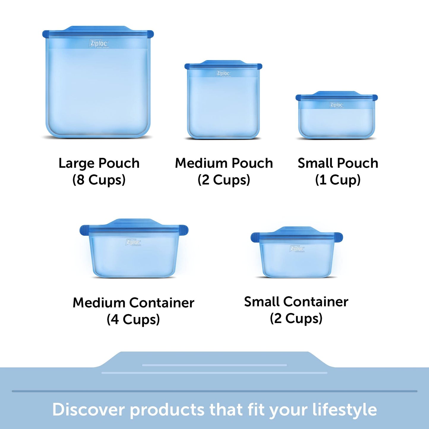 Ziploc Endurables Medium Pouch, 2 Cups, Reusable Silicone Bags and Food Storage Meal Prep Containers for Freezer, Oven, and Microwave, Dishwasher Safe, 2 Pack