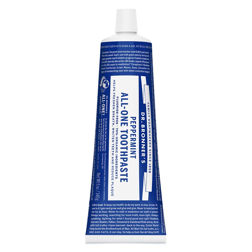 Dr. Bronner’s - All-One Toothpaste (Peppermint, 1 Ounce, 3-Pack) - 70% Organic Ingredients, Natural and Effective, Fluoride-Free, SLS-Free, Helps Freshen Breath, Reduce Plaque, Whiten Teeth, Vegan