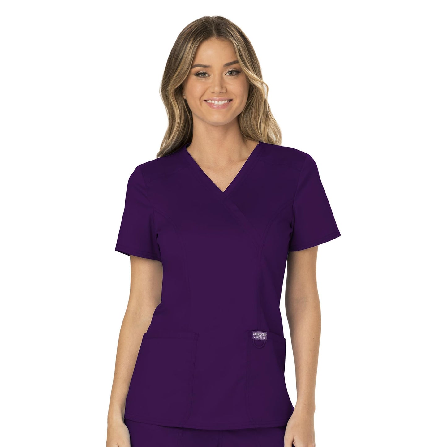 Cherokee Scrubs for Women Mock Wrap Top with 3 Pocket, Back Princess Seams WW610, XXS, White (Copy)