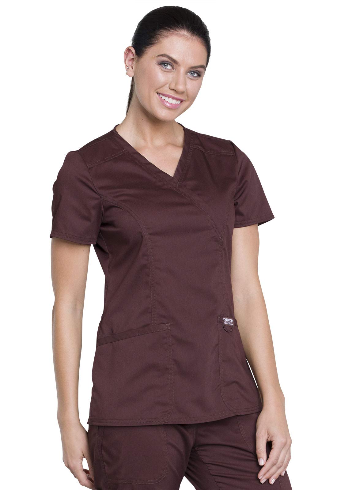 Cherokee Workwear Revolution Women's WW610 Mock Wrap Top-Espresso -Small
