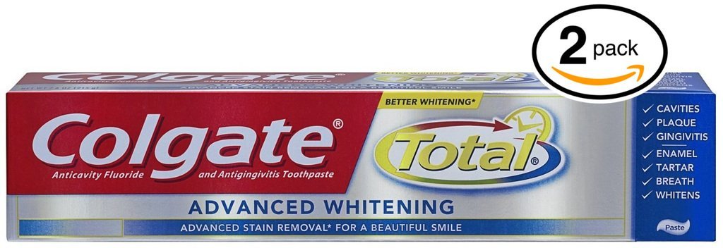 (PACK OF 2 TUBES) Colgate Total ADVANCED TOOTH WHITENING Toothpaste. Whitens & Removes Surface Stains! ANTI-CAVITY FLUORIDE, ANTI-GINGIVITIS & ANTI-PLAQUE! (Pack of 2 Tubes, 8.0oz each Tube)