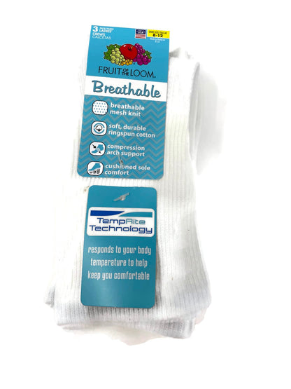 Fruit of the Loom Womens Breathable 3 Pack Crew Socks, White, 4-10