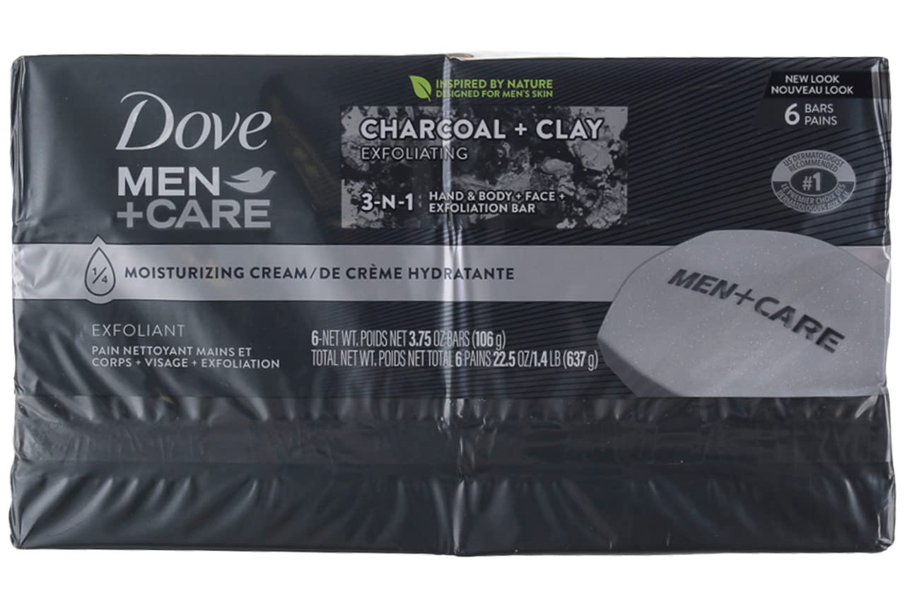 Dove, Men Bar Soap Charcoal + Clay, 4 Ounce (Pack of 6)