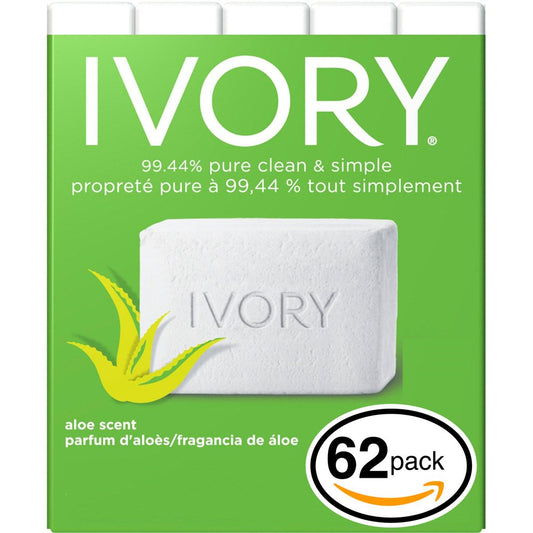 (PACK OF 62 BARS) Ivory ALOE SCENT Bar Soap for Men & Women. 99.44% PURE! Free of Dyes & Heavy Perfumes! Healthy Skin for Hands, Face & Body! (62 Bars, 3.10oz Each Bar)