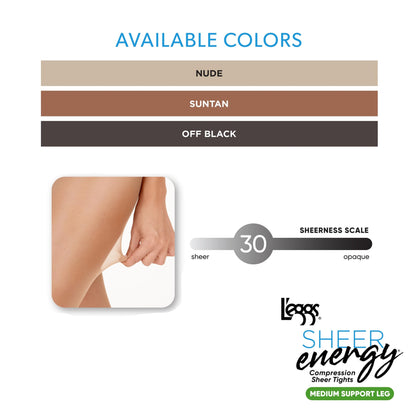 L'eggs Sheer Energy Medium Support Women's Compression Tights, Control Top, Reinforced Toe, Suntan, Size Q (Pack of 1)