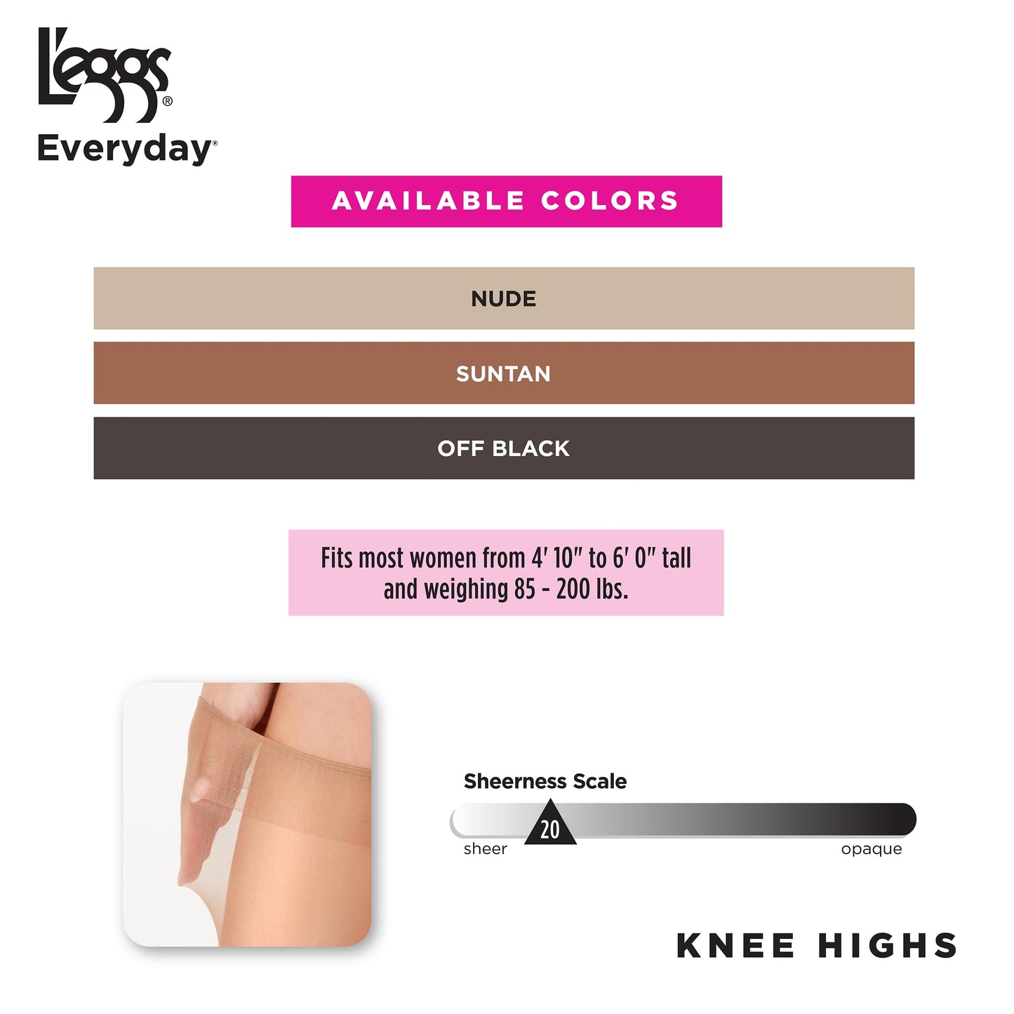 L'eggs Women's Everyday Knee High Stockings, Reinforced Toe, 100% Nylon, Nude, One Size (Pack of 20)
