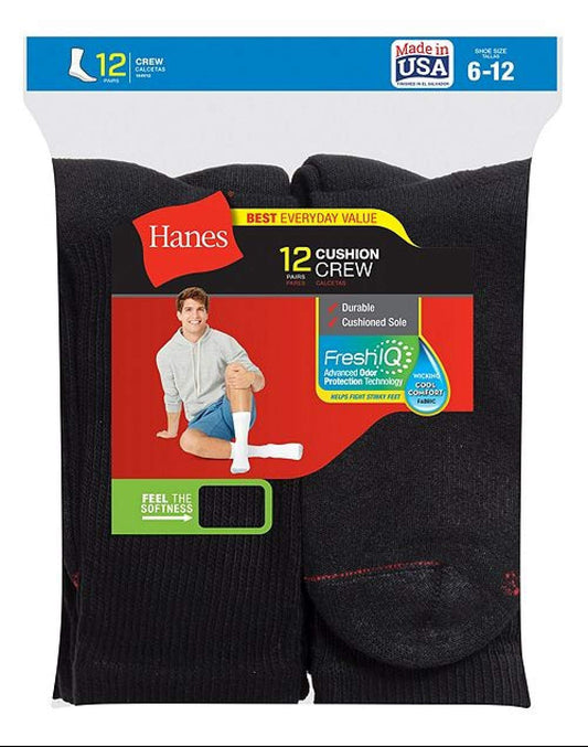 Hanes Mens Max Cushion Double Tough Crew Socks, 12-pair Pack Black Shoe Size: 6-12 One Size