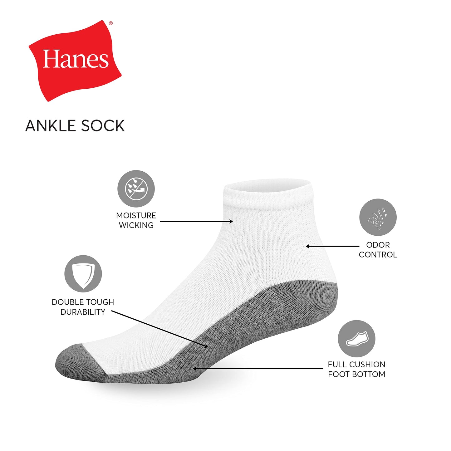 Hanes Men's, Max Cushioned Ankle Socks, 6 and 8-Pack, Black, 6-12