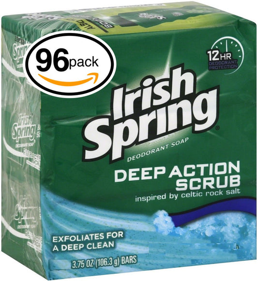 (PACK OF 96 BARS) Irish Spring MOISTURE BLAST SCENT Bar Soap for Men & Women. 12-HOUR ODOR / DEODORANT PROTECTION! For Healthy Feeling Skin. Great for Hands, Face & Body! (96 Bars, 3.75oz Each Bar)