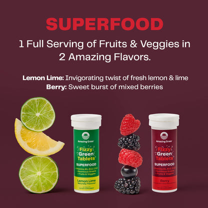 Amazing Grass Fizzy Green Tablets Superfood Berry: Green Superfood Water Flavoring Tablet with Antioxidants & Alkalizing Greens, 60 Count