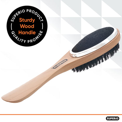 Superio 3 in 1 Lint Brush and Shoe Horn for Suit, Wool Coat, Sweaters, Shoes - Double Sided Portable Pet Hair Remover with Wood Handle