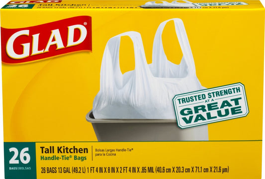 Glad Trash Bags, Tall Kitchen Handle-Tie Garbage Bags, White, 13 Gallon, 26 Count