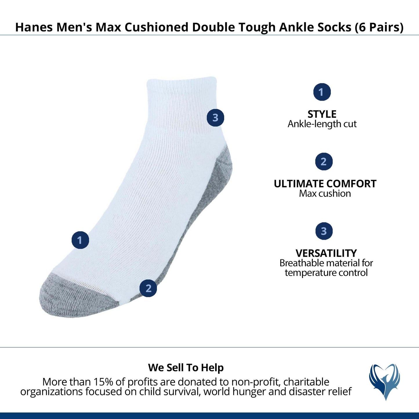 Hanes mens Hanes Men's Socks, 6-pair Pack Max Cushion Ankle, White/Grey Foot Bottom, 6 12 US