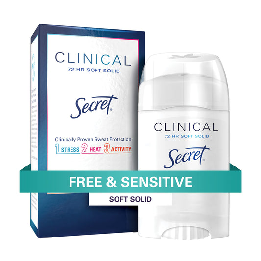 Secret Clinical Strength Antiperspirant Deodorant for Women, Free & Sensitive, 3X Stress Protection, 72hr Sweat & Odor Protection, PH Balancing Minerals, Soft Solid, Unscented, 1.6 oz (Pack of 3)
