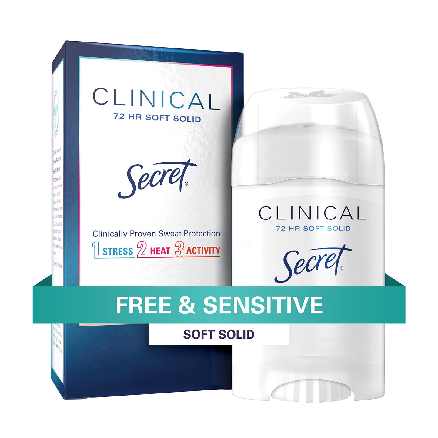 Secret Clinical Strength Antiperspirant Deodorant for Women, Free & Sensitive, 3X Stress Protection, 72hr Sweat & Odor Protection, PH Balancing Minerals, Soft Solid, Unscented, 1.6 oz (Pack of 3)