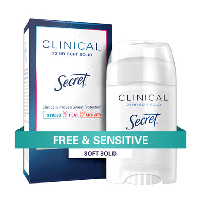 Secret Clinical Strength Antiperspirant Deodorant for Women, Free & Sensitive, 3X Stress Protection, 72hr Sweat & Odor Protection, PH Balancing Minerals, Soft Solid, Unscented, 1.6 oz (Pack of 3)