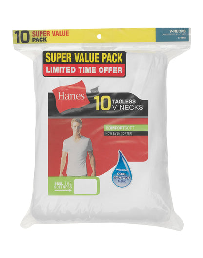 Hanes Men's White V-Neck Super Value 10-Pack, Best Cotton Undershirts, Stay-Tucked T-Shirts
