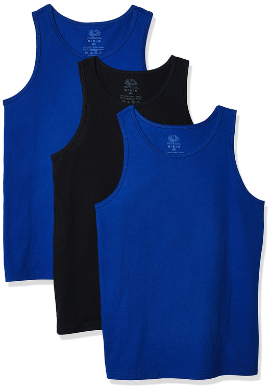Fruit of the Loom Boys' Solid Multi-Color Soft Tank Tops, 3 Pack, White/Cobalt/Black, 2X-Large
