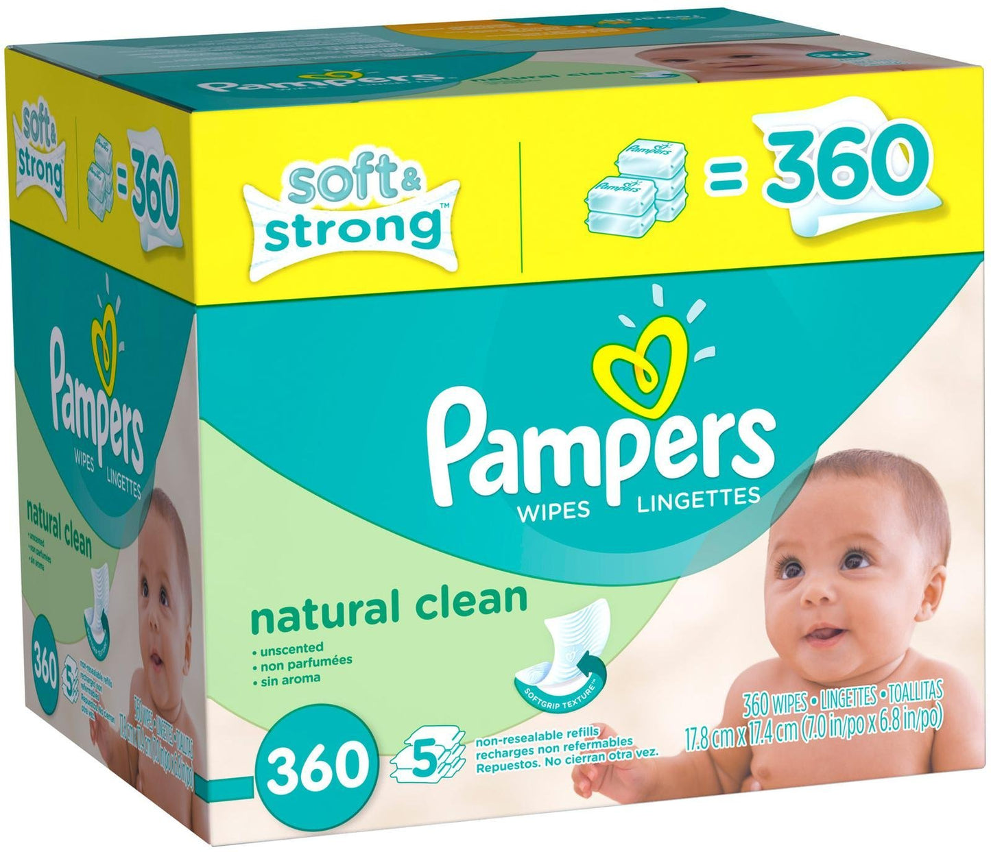 Pampers Natural Clean Unscented Water Baby Wipes 5X Refill Packs, 360 Count