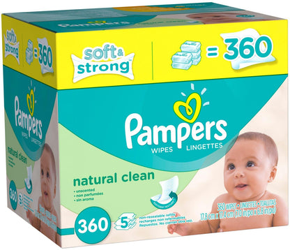 Pampers Natural Clean Unscented Water Baby Wipes 5X Refill Packs, 360 Count