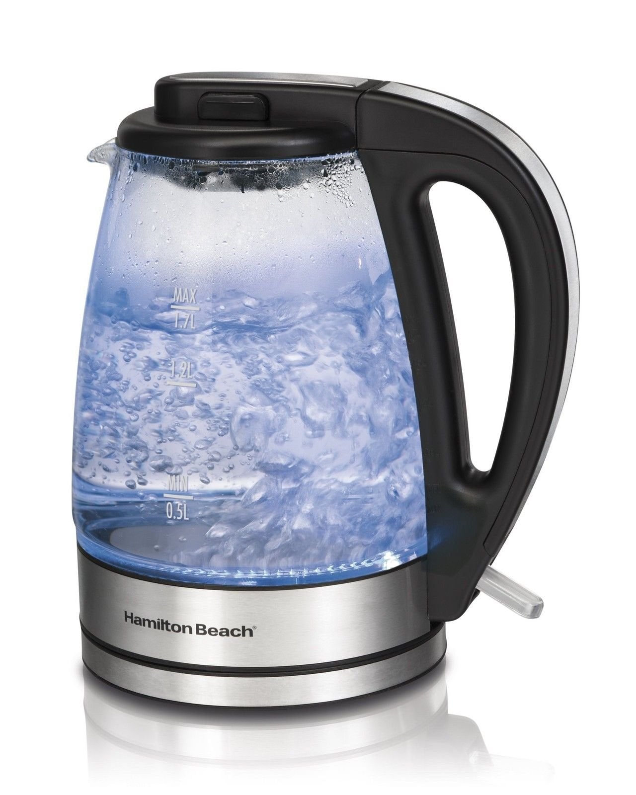 Hamilton Beach 1.7 L Glass Electric Kettle for Tea and Water, Cordless, LED Indicator, Auto-Shutoff and Boil-Dry Protection, Brushed Metal (40865), Clear