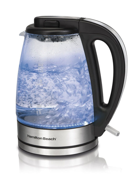 Hamilton Beach 1.7 L Glass Electric Kettle for Tea and Water, Cordless, LED Indicator, Auto-Shutoff and Boil-Dry Protection, Brushed Metal (40865), Clear