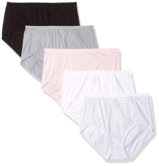 Hanes Ultimate Womens Cotton Comfort Ultra Soft Brief, White/Sugar Flower Pink/Sugar Flower Stripe/Grey Heather/Black, 5