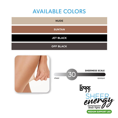 L'eggs Sheer Energy Medium Support Tights, Control Top, Sheer Toe, Off Black, Size B (Pack of 3)
