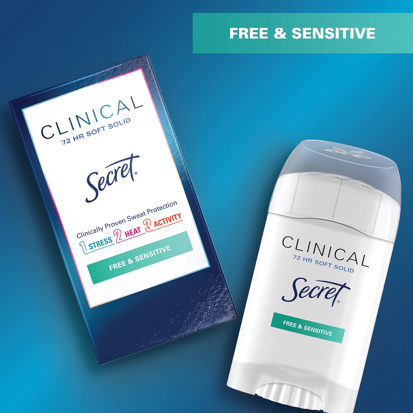 Secret Clinical Strength Antiperspirant Deodorant for Women, Free & Sensitive, 3X Stress Protection, 72hr Sweat & Odor Protection, PH Balancing Minerals, Soft Solid, Unscented, 1.6 oz (Pack of 3)