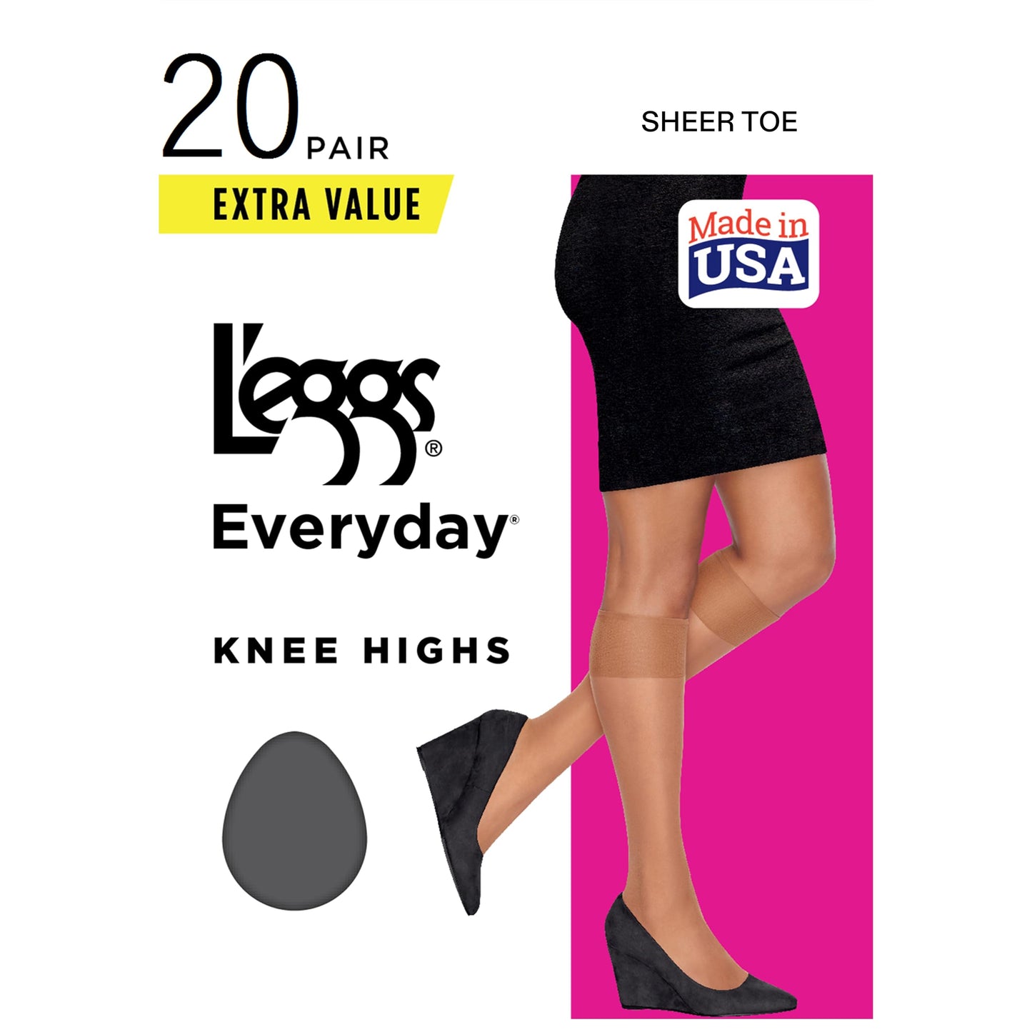 L'eggs Women's Everyday Knee-Highs, Sheer Toe, 100% Nylon, Off Black, One Size (Pack of 20)