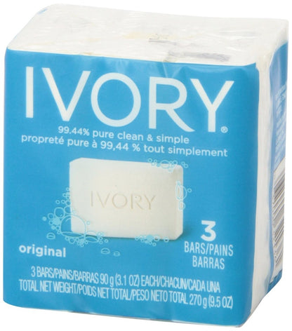 (PACK OF 3 BARS) Ivory ORIGINAL SCENT Bar Soap for Men & Women. 99.44% PURE! Free of Dyes & Heavy Perfumes! Healthy Skin for Hands, Face & Body! (3 Bars, 3.10oz Each Bar)