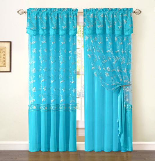 Victoria Classics Audrey Embroidered Panel with Attached Valance and Backing 55"w X 90"l + 18"l (Blue)